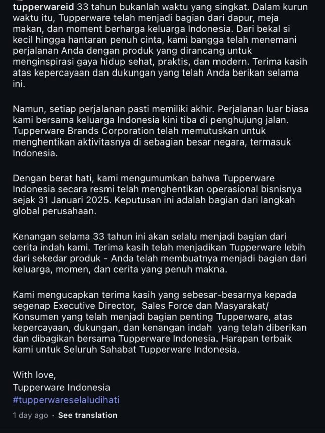 Penjelasan Tupperware pamit dari Indonesia / Foto : IG