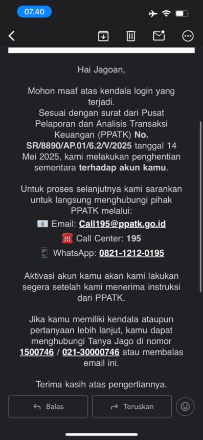 Contoh email yang diterima nasabah ketika rekeningnya diblokir PPATK / Foto : X