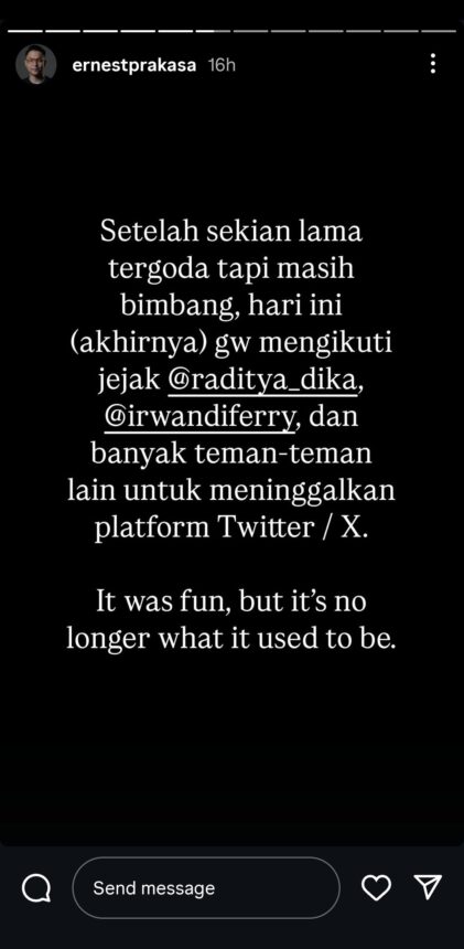 Capture postingan Ernest di media sosial / Foto : X