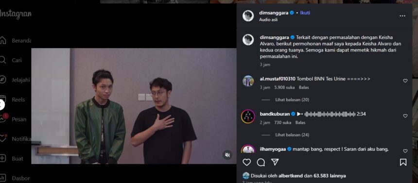 Tangkapan layar IG @Dimasanggara tentang permintaan maafnya / Foto : IG