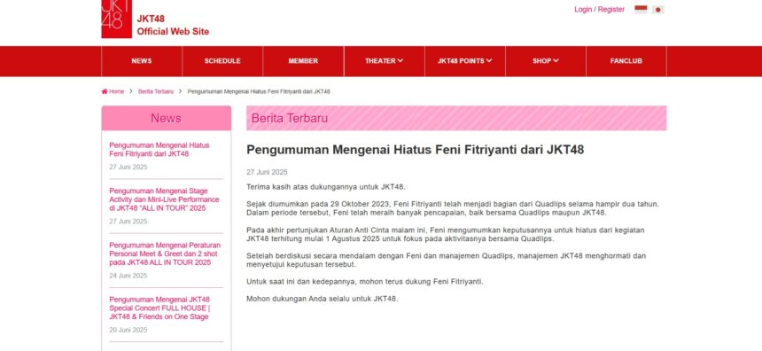 Tangkapan layar postingan JKT48 terkait hiatus Feni Fitriyanti / Foto : JKT48