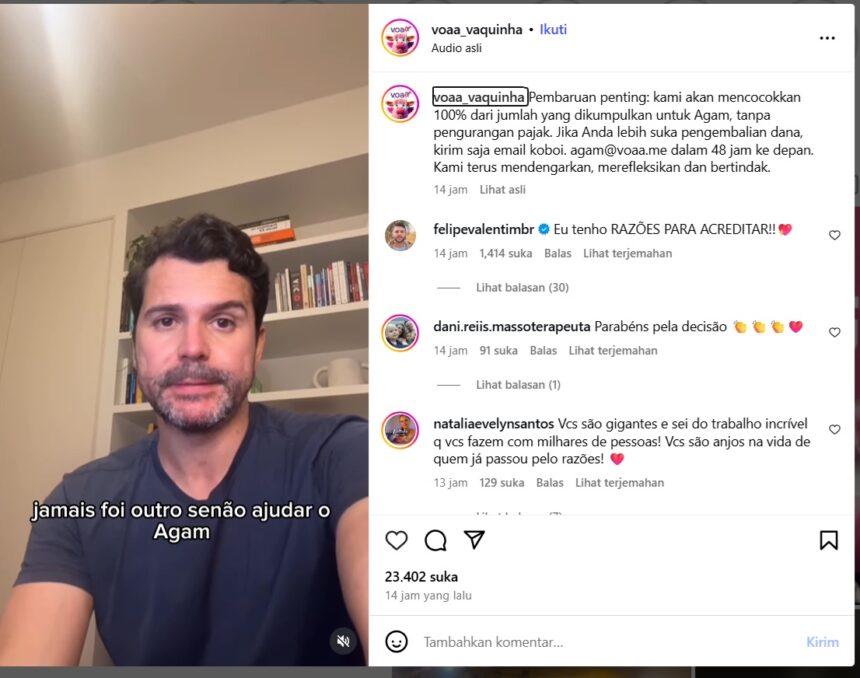 tangkapan layar postingan VOAA terkait donasi untuk Agam Rinjani / Foto : Instagram