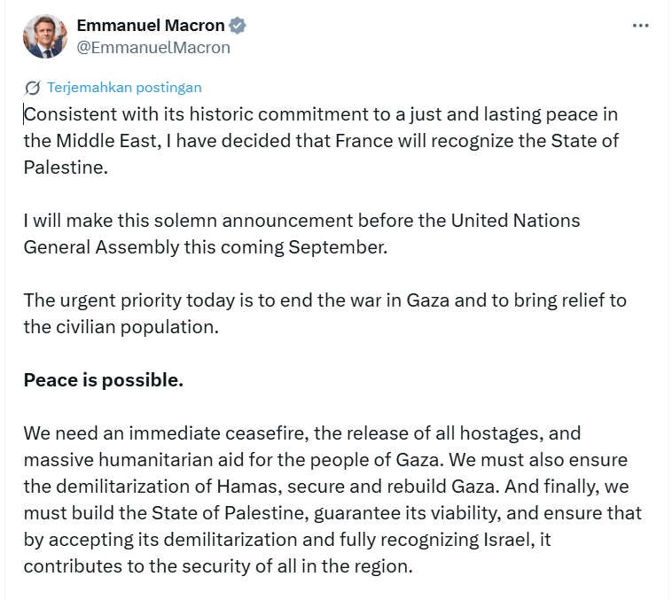 Tangkapan layar postingan status Presiden Emmanuel Macron di platform X / Foto : X