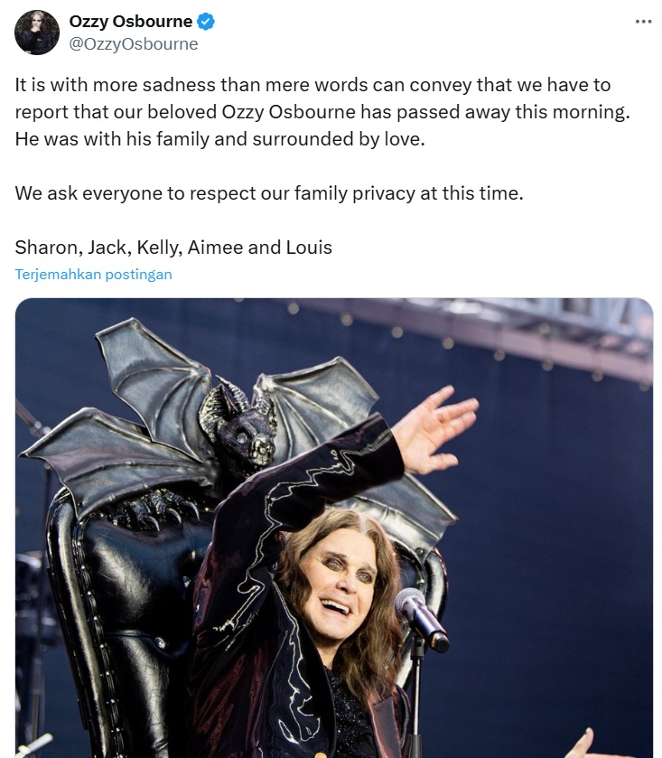 Tangkapan layar postingan keluarga Ozzy Osbourne / Foto : X