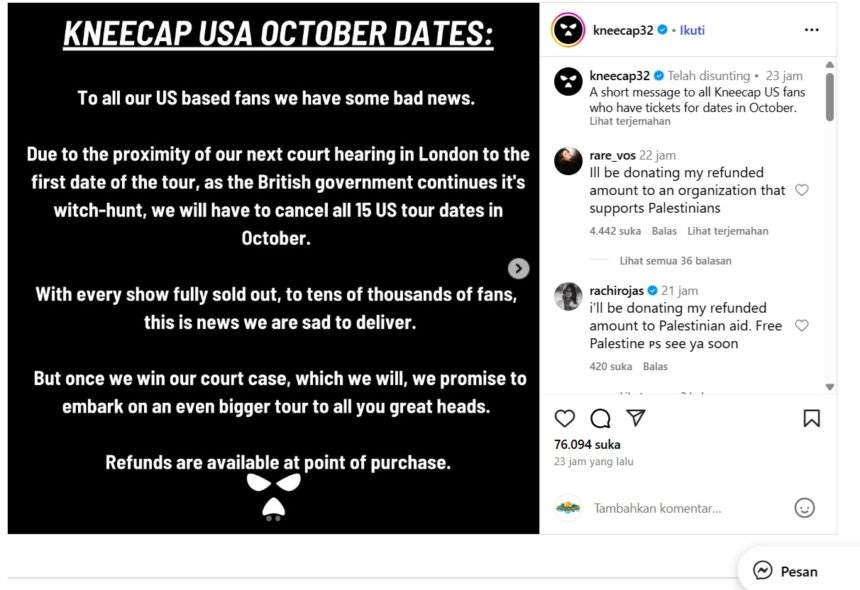 Pengumuman pembatalan tampil di Amerika Serikat / Foto: IG