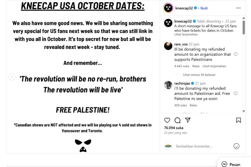 Postingan Kneecap yang mendukung kemerdekaan Palestina / Foto: IG