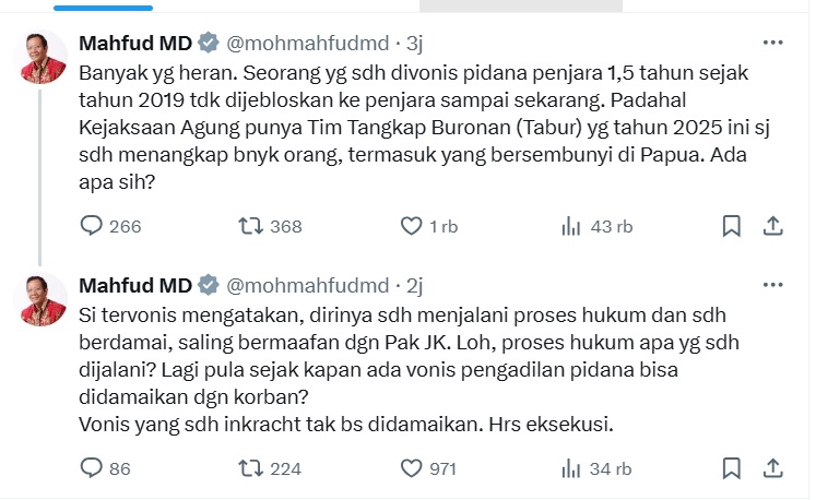 Postingan Mahfud MD di platform X / Foto : X