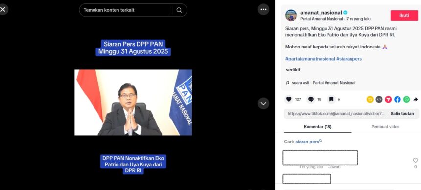 Tangkapan layar Wakil Ketua Umum DPP PAN Viva Yoga Mauladi dalam siaran pers di media sosial / Foto: TikTok
