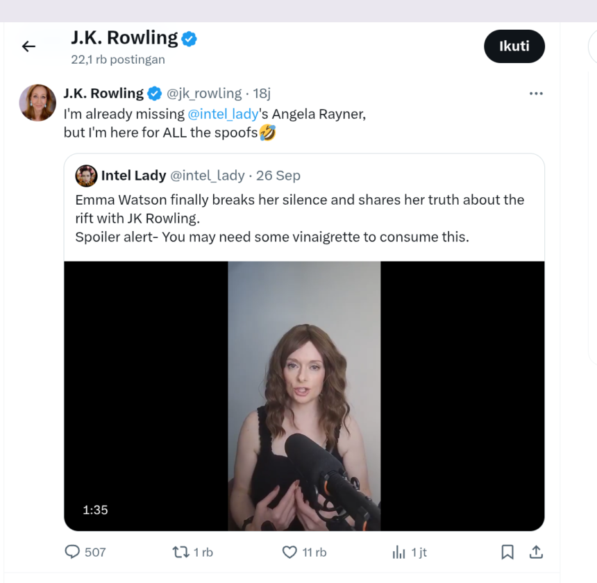 Tangkapan layar postingan JK Rowling di akun X/ Foto: X