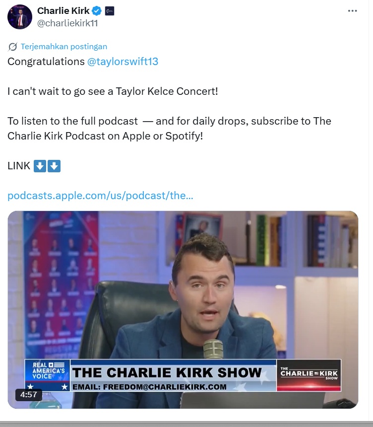 Tangkapan layar postingan video Charlie Kirk mengkritik pertunangan Tylor Swift dengan Travis Kelce/ Foto: X