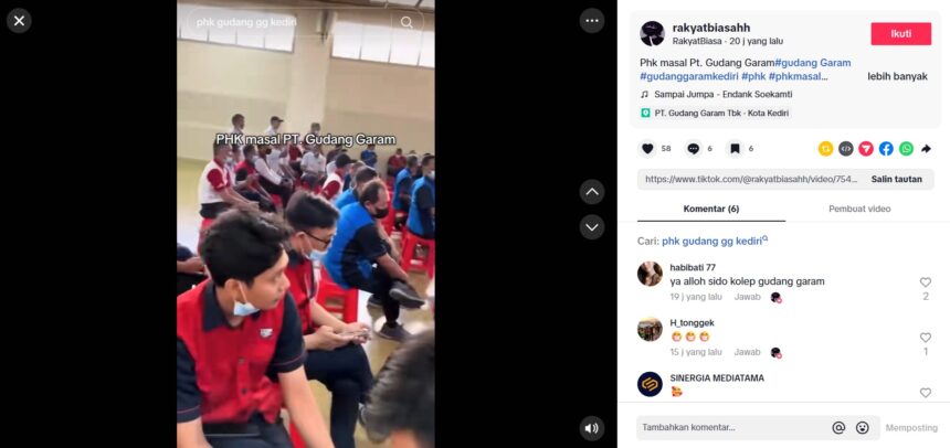 Tangkapan layar postingan salah satu akun di TikTok pasting PHK Gudang Garam/ Foto: TikTok