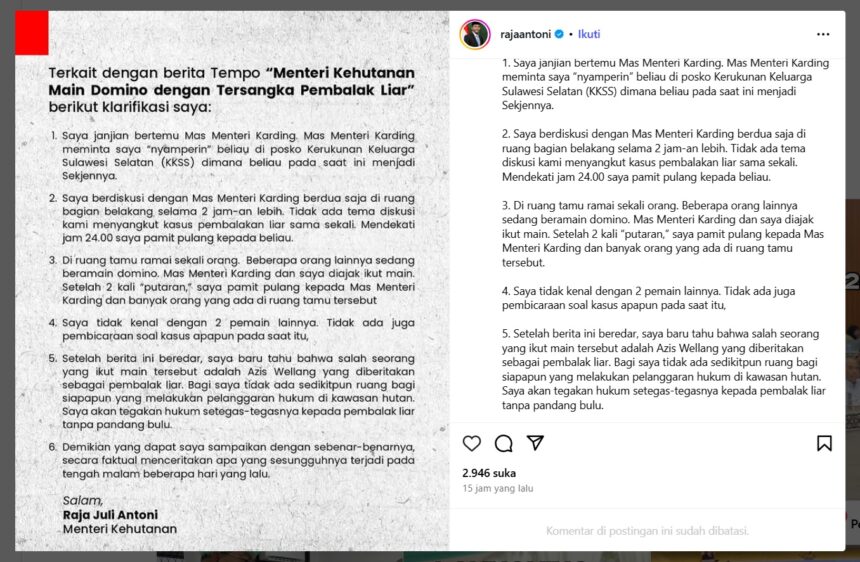 Tangkapan layar klarifikasi Raja Juli Antoni di instagram / Foto : IG