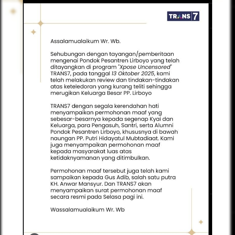Tangkapan layar permintaan maaf dari Trans7/ foto: Ist