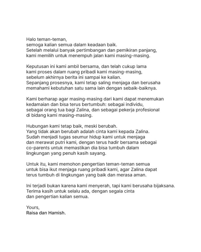 Surat terbuka dari Raisa dan Hamish / Foto: Instagram Raisa6690