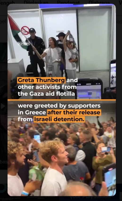 Tampilan layar penyambutan aktivis Greeta Thunberg di Yunani / Foto: Al Jazeera