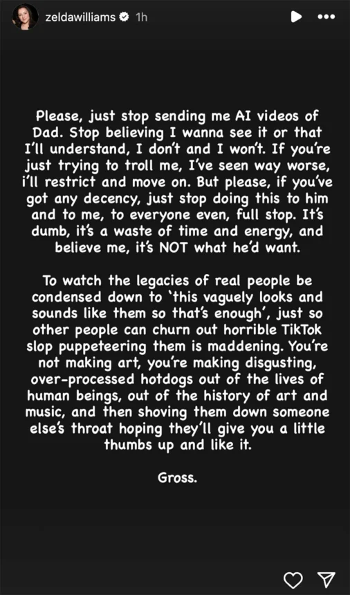 Tangkapan layar postingan Zelda William di instagram story / Foto: IG