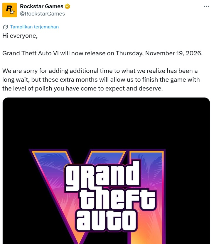 Tangkapan layar postingan Rockstar Games di platform X/ Foto: X