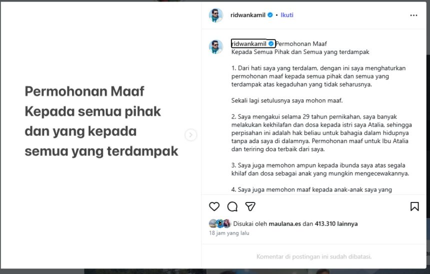 Tangkapan layar postingan Ridwan Kamil di instagram/ Foto: ig