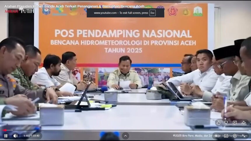 Tangkapan layar Presiden Prabowo memimpin rapat di Aceh/ Foto: capture youtube