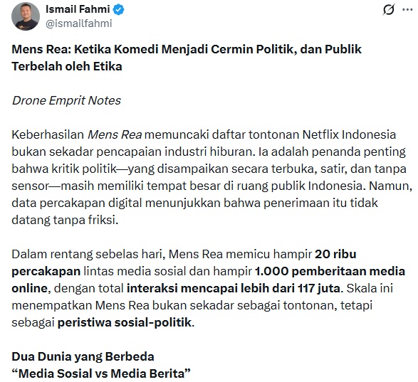 Tangkapan layar postingan Ismail Fahmi/ Foto: X