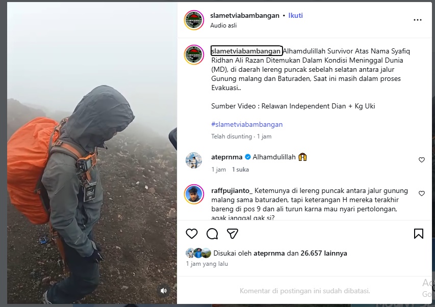 Tangkapan layar postingan Instagram slametviabambangan/ Foto: instagram