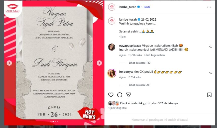 Tangkapan layar undangan pernikahan Virgoun dan Lidi di media sosial/ Foto: instagram