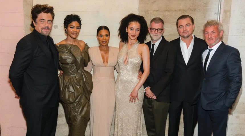Para pemain One Battle After Another (kiri ke kanan): Benicio del Toro, Teyana Taylor, Regina Hall, Chase Infiniti, Paul Thomas Anderson, Leonardo DiCaprio, dan Sean Penn/ Foto Ist
