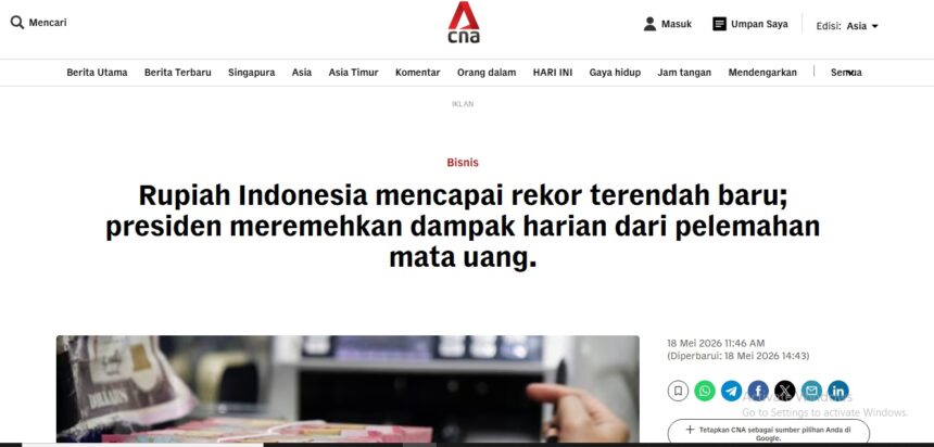 Tangkapan layar pemberitaan rupiah di CNA/ Foto: CNA