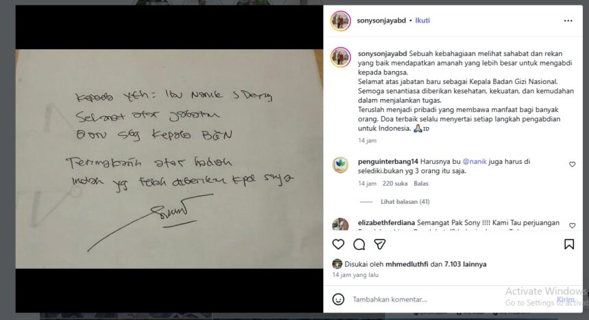Tangkapan layar postingan Sony Sonjaya/ Foto: IG