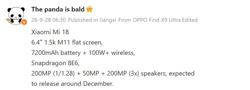 Spesifikasi Xiaomi 18 yang dirilis The Panda is bald/ Foto: Gizmochina