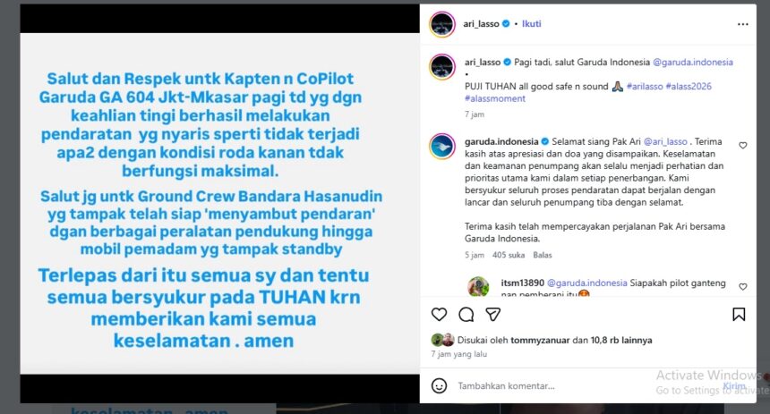 Tangkapan layar postingan Ari Lasso tentang pesawat Garuda Indonesia yang pecah ban di Makasar/ Foto: IG