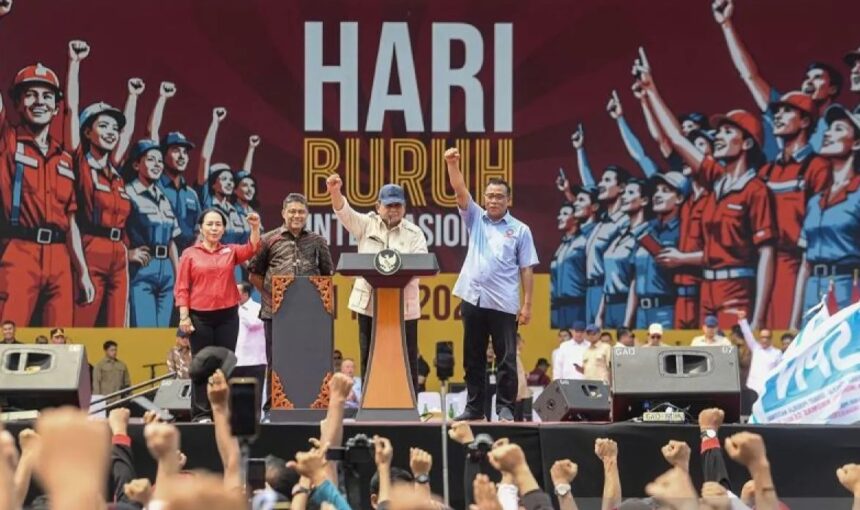 Presiden Prabowo Subianto hadir dalam perayaan Hari Buruh Internasional / foto : capture ANTARA