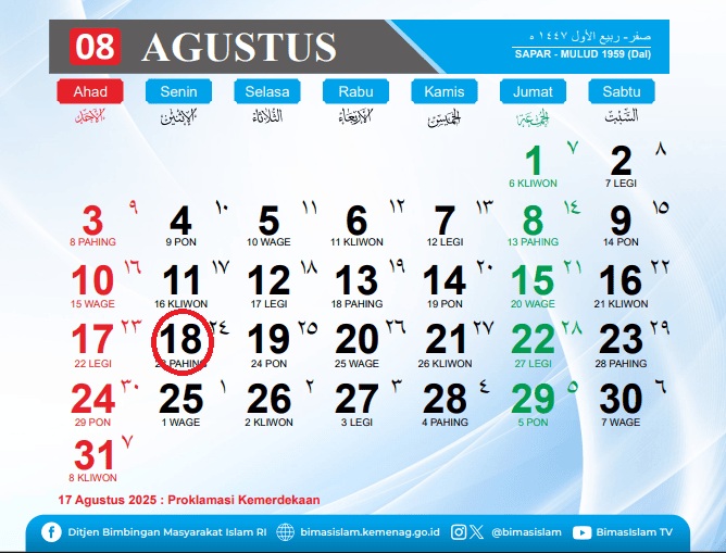 Kalender Bulan Agustus 2025 / foto : Ist