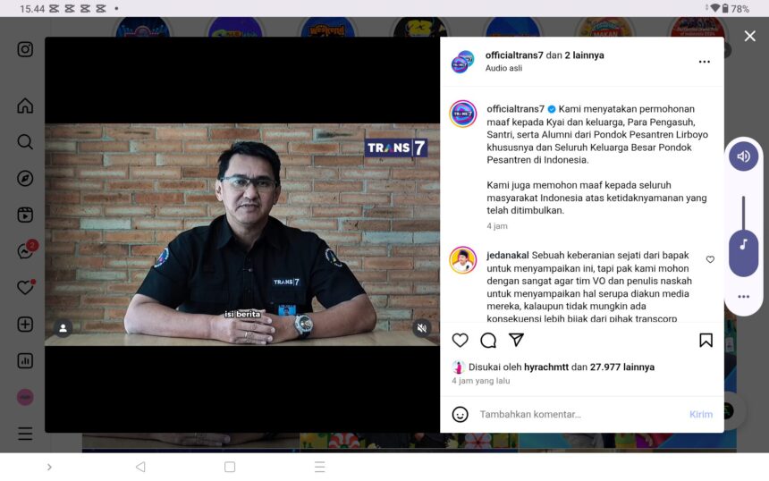 Tangkapan layar permintaan maaf dari Trans7 di Instagram/ Foto: IG