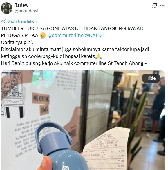 Tangkapan layar postingan kehilangan tumbler di media sosial/ Foto: X