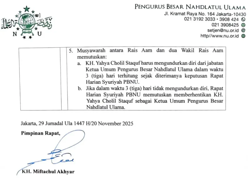 Tangkapan risalah dari Syuriah PBNU / Foto: Ist