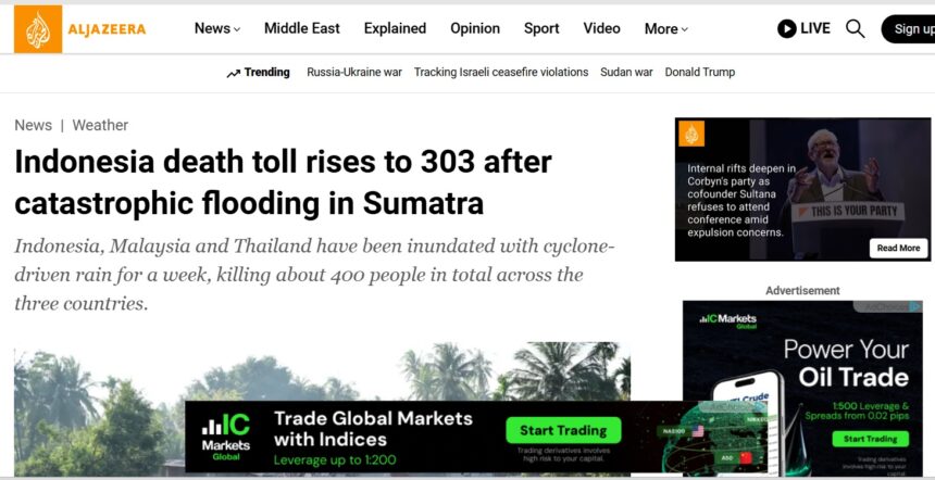 Tangkapan layar berita banjir Sumbar di Al Jazeera/ foto: capture Al Jazeera