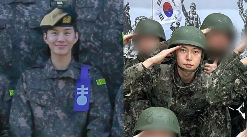 Jungwoo (kiri) dengan tanda sebagai komandan regu dan Doyoung tergabung di pasukan tempur/ Foto; capture Allkpop