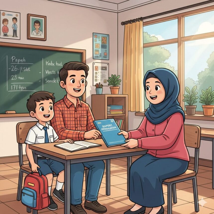 Ilustrasi ayah mengambil raport anak/ Foto: Gemini AI