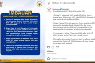 Tangkapan layar Instagram KBRI tokyo terkait gempa di Jepang/ Foto: Instagram