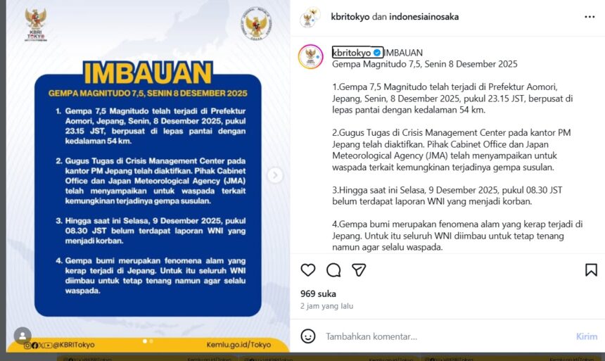 Tangkapan layar Instagram KBRI tokyo terkait gempa di Jepang/ Foto: Instagram