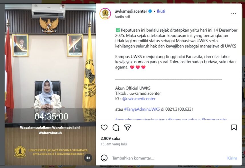 Tangkapan layar pernyataan Rektor UWKS terkait persoalan Resbob di Instagram/ Foto: capture IG