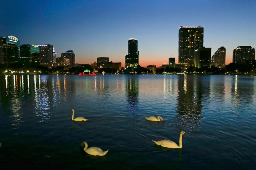 Angsa-angsa berenang di Danau Eola saat matahari terbenam di Orlando, Florida/ Foto: AP News
