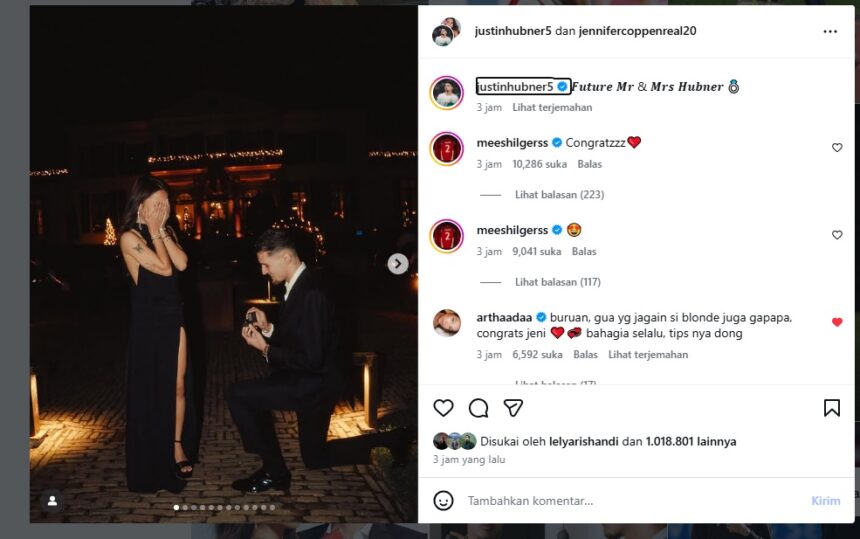 Tangkapan layar postingan Justin Hubner melamar Jennifer Coppen/ Foto: IG