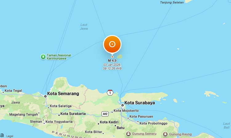 Pusat gempa di Pulau Bawean / Foto: capture BMKG