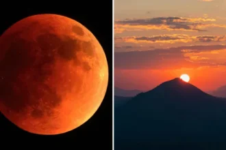 Fenomena atmosfer langka yang disebut selenelion dapat memungkinkan pengamat langit untuk melihat matahari terbit dan bulan merah darah secara bersamaan/ Foto: space