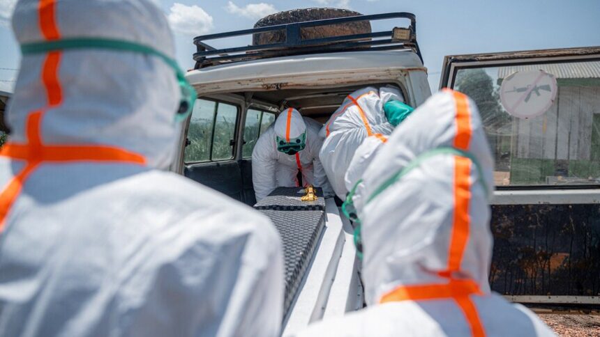 Petugas menggunakan hazmat mengangkut jenazah Ebola/ Foto: Anadolu