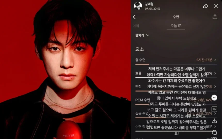 V BTS dan postingannya (kanan)/ Foto: Allkpop