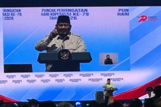 Presiden Prabowo Subianto menyampaikan sambutan pada acara peringatan Hari Koperasi Nasional ke-79 di Indonesia Arena/ Foto: ANTARA
