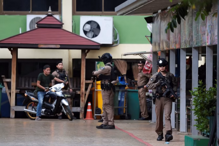 Polisi Thailand berjalan di sekitar halaman Sekolah Menengah Atas Debsirin Nonthaburi setelah penembakan pada pagi tanggal 7 Agustus 2026/ Foto: Reuters